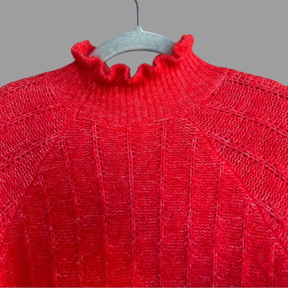 SEZANE Bright Red Mohair Merino Wool Knit Ruffle High Neck Sweater Loris Jumper - Picture 10 of 15
